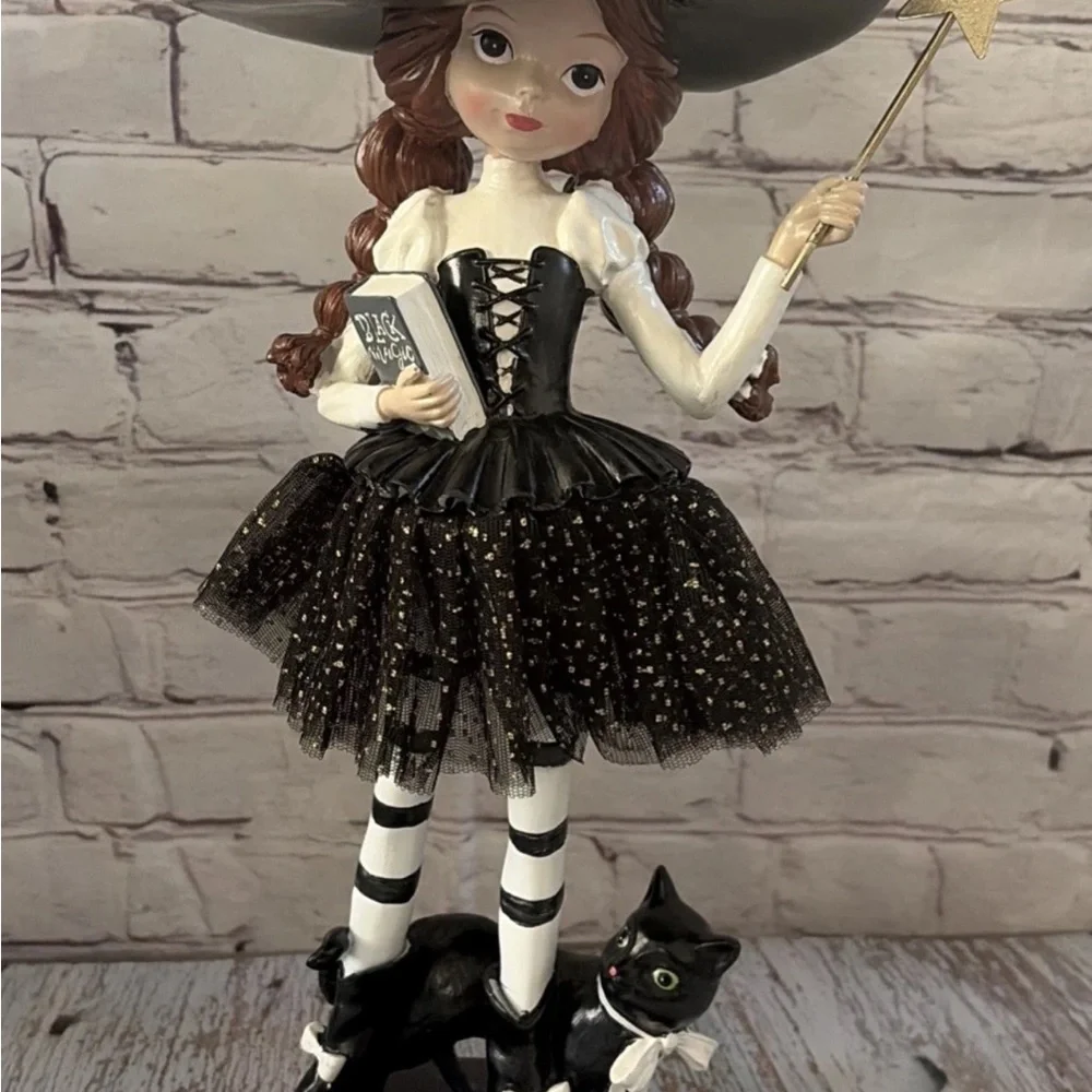 Whimsical Witch Figurine / Black Cat Wand Black Magic Book Halloween 15 Inch